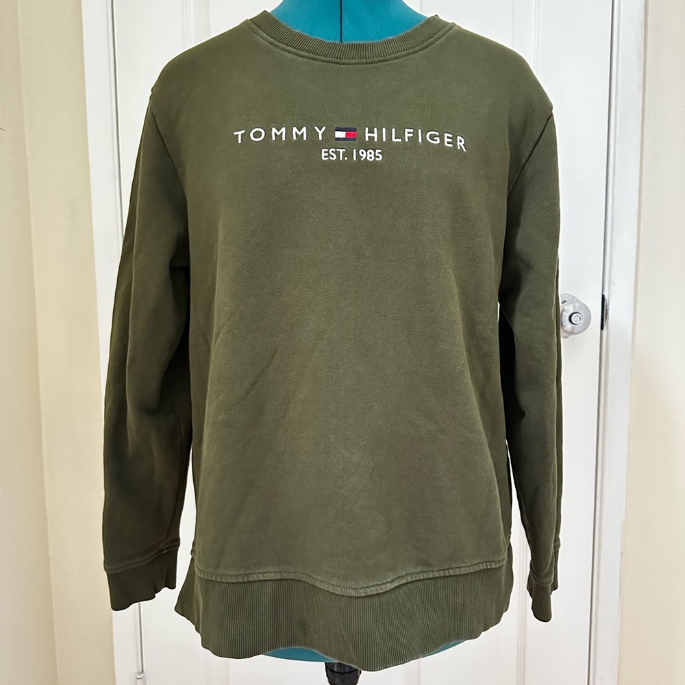 Tommy Hilfiger Olive Green Crewneck Sweatshirt with Embroidered Logo Sz M